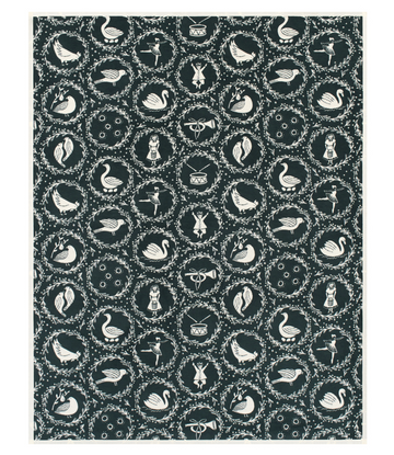 Dark green blanket with repeating white pattern of swans, drummers, dancers, and other holiday motifs in circular wreaths.6