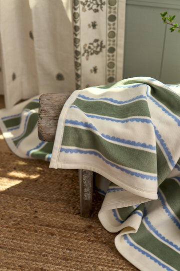 Cream, sage green, and blue striped blanket draped over a wooden chair.2