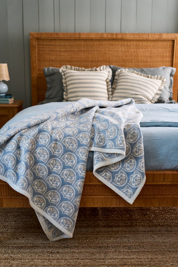 Blue and cream scallop patterned blanket draped across a wooden bed with striped pillows.5