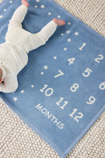 Blue blanket with white stars and numbered milestone markers 1-12 months, infant wearing white socks.2
