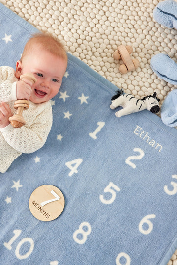 Blue milestone blanket with white stars and numbers, baby with wooden toys on cream textured surface.7