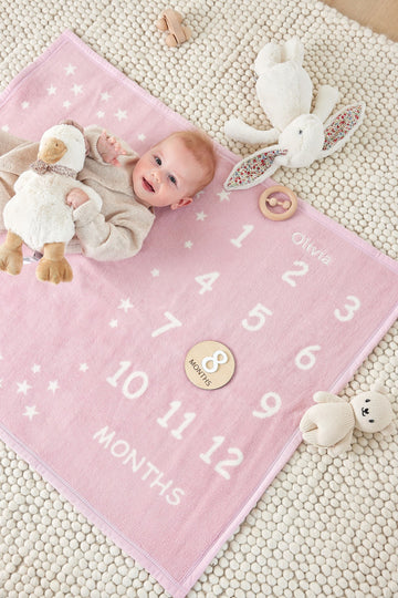 Pink milestone blanket with white numbers and star pattern, baby lying on it surrounded by stuffed animals and milestone mark2
