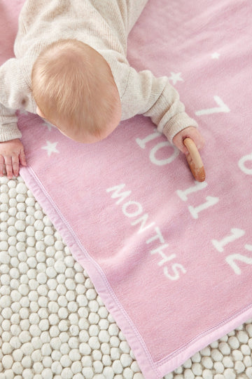 Pink blanket with white milestone text and stars, baby in cream sweater on textured surface.6