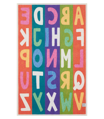 Colorful midi blanket with alphabet letters in vertical stripes of coral, teal, purple, and green.6