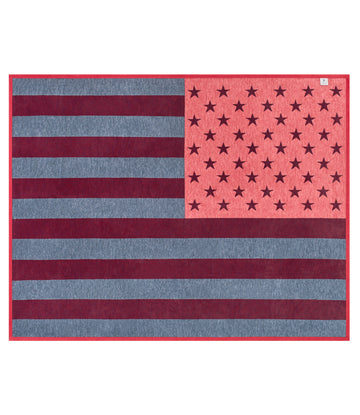 Red and blue blanket with alternating horizontal stripes and star pattern in upper left corner.10
