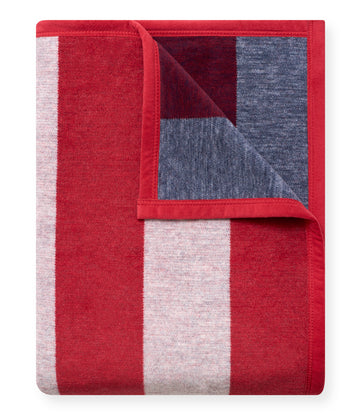Red, white, and blue knit blanket with vertical stripe pattern and folded corner showing reverse side.11