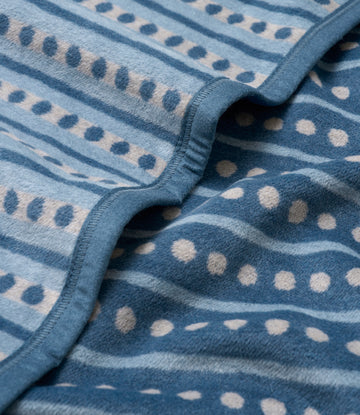Folded blue blanket with cream polka dots and horizontal stripes, showing stitched edge detail.3