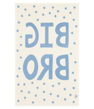 Cream-colored midi blanket with blue "BIG BRO" text and scattered star pattern throughout.7