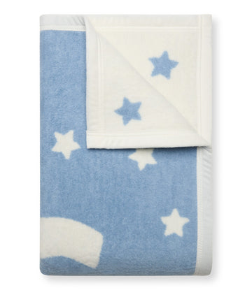 Blue and white midi blanket with star pattern throughout and cream-colored trim edges.6