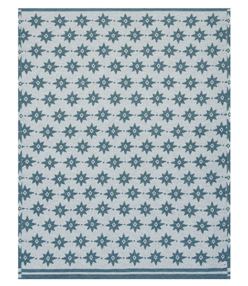 Light blue blanket with repeating dark teal star pattern and solid borders on top and bottom.7