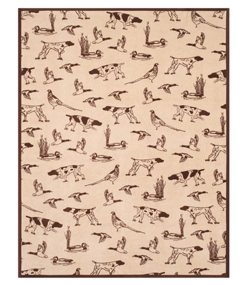 Cream blanket with brown border featuring allover pattern of hunting dogs, flying birds, ducks in water, and marsh grass.7