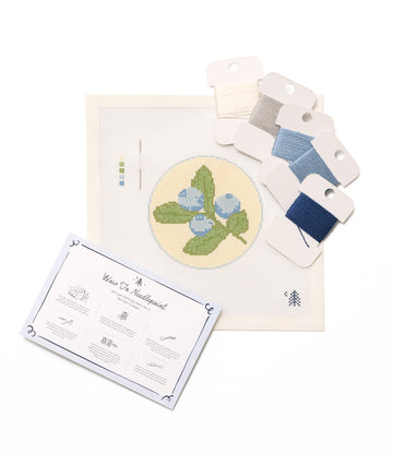 Needlepoint kit containing cream fabric with blueberry design, instruction booklet, and embroidery floss in blue, green, and 3