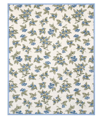 Cream blanket with all-over blue blueberry and green leaf print, light blue border.3