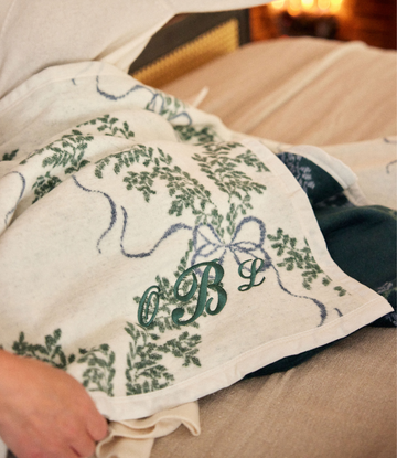 Cream blanket with green boxwood wreath pattern and monogram in blue and green lettering.5
