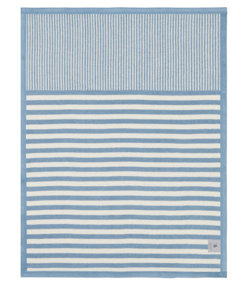 Blue and white striped mini blanket with vertical ribbed texture panel at top.9
