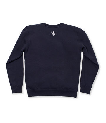 Navy crewneck sweatshirt with small white tree logo on chest and ribbed cuffs and hem.6