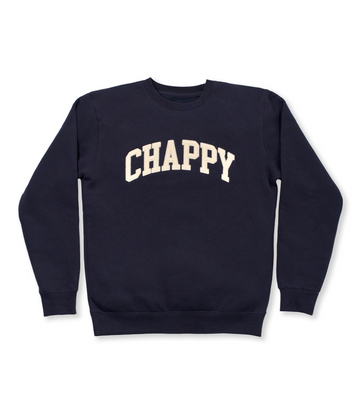 Navy crewneck sweatshirt with "CHAPPY" printed in cream lettering across the chest.1