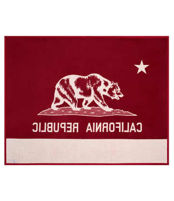Blanket with California flag design featuring a bear, star, and text on red and cream background.5