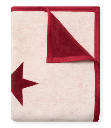 Red and cream blanket with California flag design featuring red star and border.4