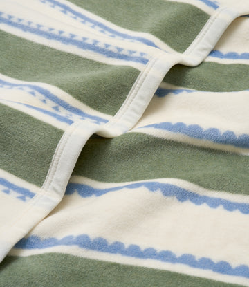 Soft blanket with alternating sage green and cream stripes with blue wavy pattern details and white binding edge.4