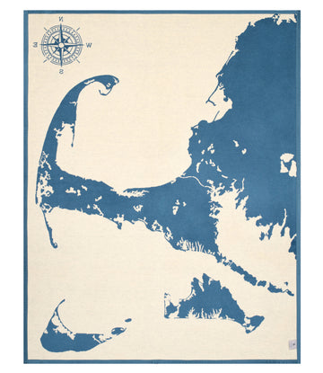Cream and blue blanket featuring Cape Cod and island map with compass rose design and teal border.4