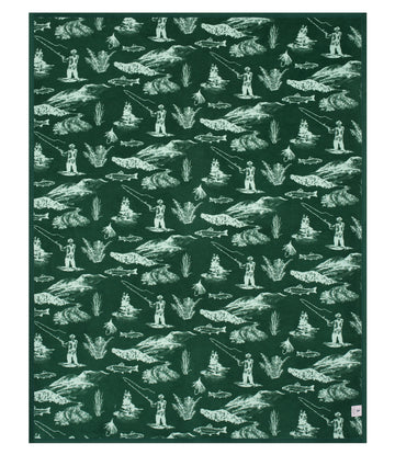 Dark green blanket with cream-colored fishing-themed pattern including fishermen, fish, boats, rocks, and water plants.8