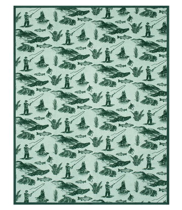 Light green blanket with dark green fishing-themed pattern featuring anglers, fish, trees, and aquatic plants.3