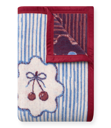 Burgundy midi blanket with blue and white striped panels, cream flower motif with cherry design, and burgundy striped accent 9