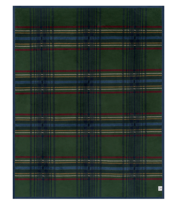 Tartan blanket with green, blue, red, and yellow plaid pattern in repeating rows.8