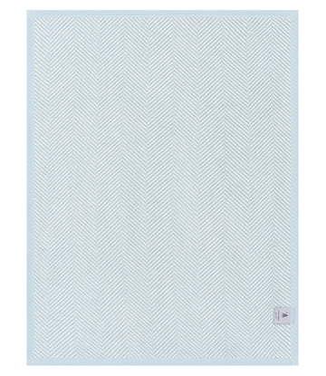 Light blue mini blanket with white herringbone pattern and solid border.8