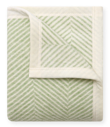 Sprout green and cream mini blanket with herringbone weave pattern and cream binding.3