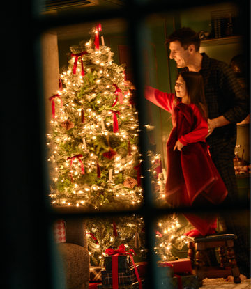 Cranberry red herringbone patterned blanket draped over furniture near a decorated Christmas tree.4