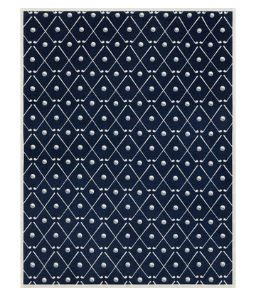 Navy blue blanket with white diamond grid pattern and golf ball motifs throughout.5