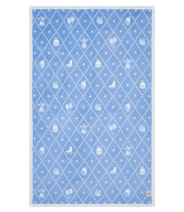 Blue midi blanket with white diamond quilting pattern, snowflakes, and holiday motifs including gifts, stockings, and winter 7