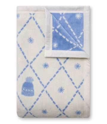 Cream and blue midi blanket with diamond quilting, snowflakes, and knit hat motif; includes coordinating blue patterned throw6