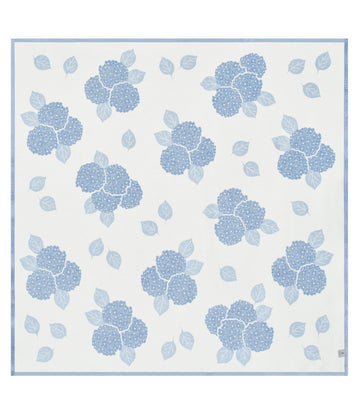 Blue hydrangea flower clusters and leaves printed on cream blanket with blue border.4