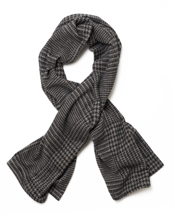 Gray and black houndstooth plaid shawl displayed in an open loop shape against a white background.5