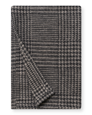 Gray and charcoal plaid woven shawl with folded edge detail.6