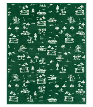 Green blanket with cream-colored scenic toile pattern featuring trees, golf courses, and landscape motifs throughout.7