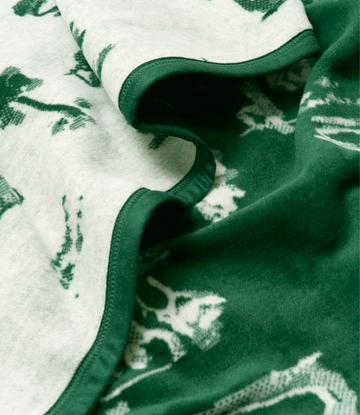 Cream and green blanket with botanical print and bound edges, shown folded to display texture and pattern detail.4