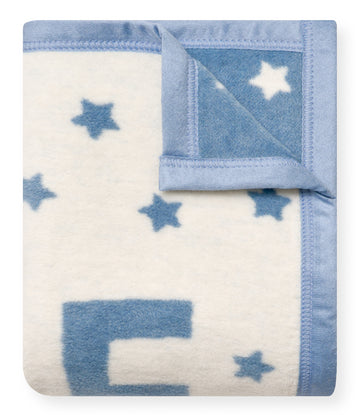 Small blue and cream blanket with star pattern and blue border, showing folded corner detail.7