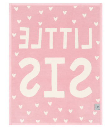 Pink mini blanket with white hearts and "LITTLE SIS" text design.8