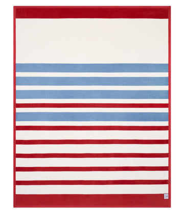 Red and white striped blanket with blue horizontal stripes in center section.9