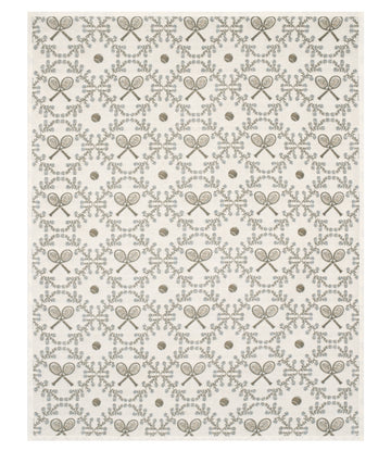 Cream blanket with repeating pattern of crossed tennis rackets and decorative wreaths in taupe.2