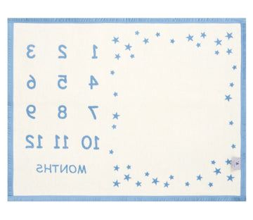 Cream blanket with blue border featuring reversed milestone numbers and scattered blue stars.9