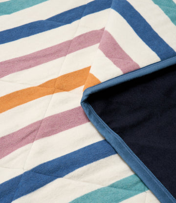 Outdoor blanket with curved multicolor stripes in teal, navy, pink, orange, and cream, showing folded edge with navy backing.9