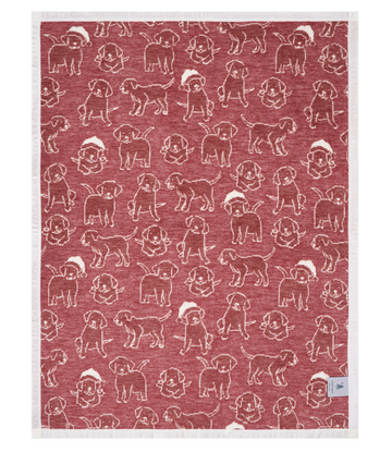 Red blanket with cream-colored outline drawings of puppies wearing Santa hats scattered across the surface.7