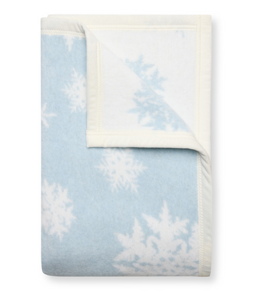 Light blue and white midi blanket with snowflake pattern and cream binding.7