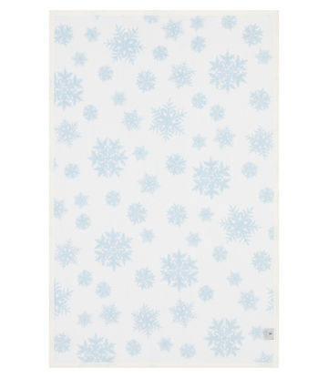 White blanket with scattered light blue snowflake pattern throughout.8