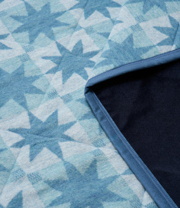 Blue and white geometric star pattern blanket with dark navy backing and blue binding edge visible.5